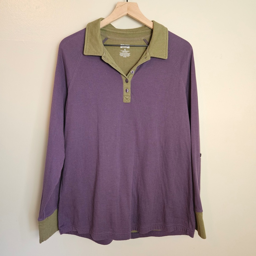 Duluth Trading Double Layer Polo XL Purple Olive Green Long Sleeve Roll Tab